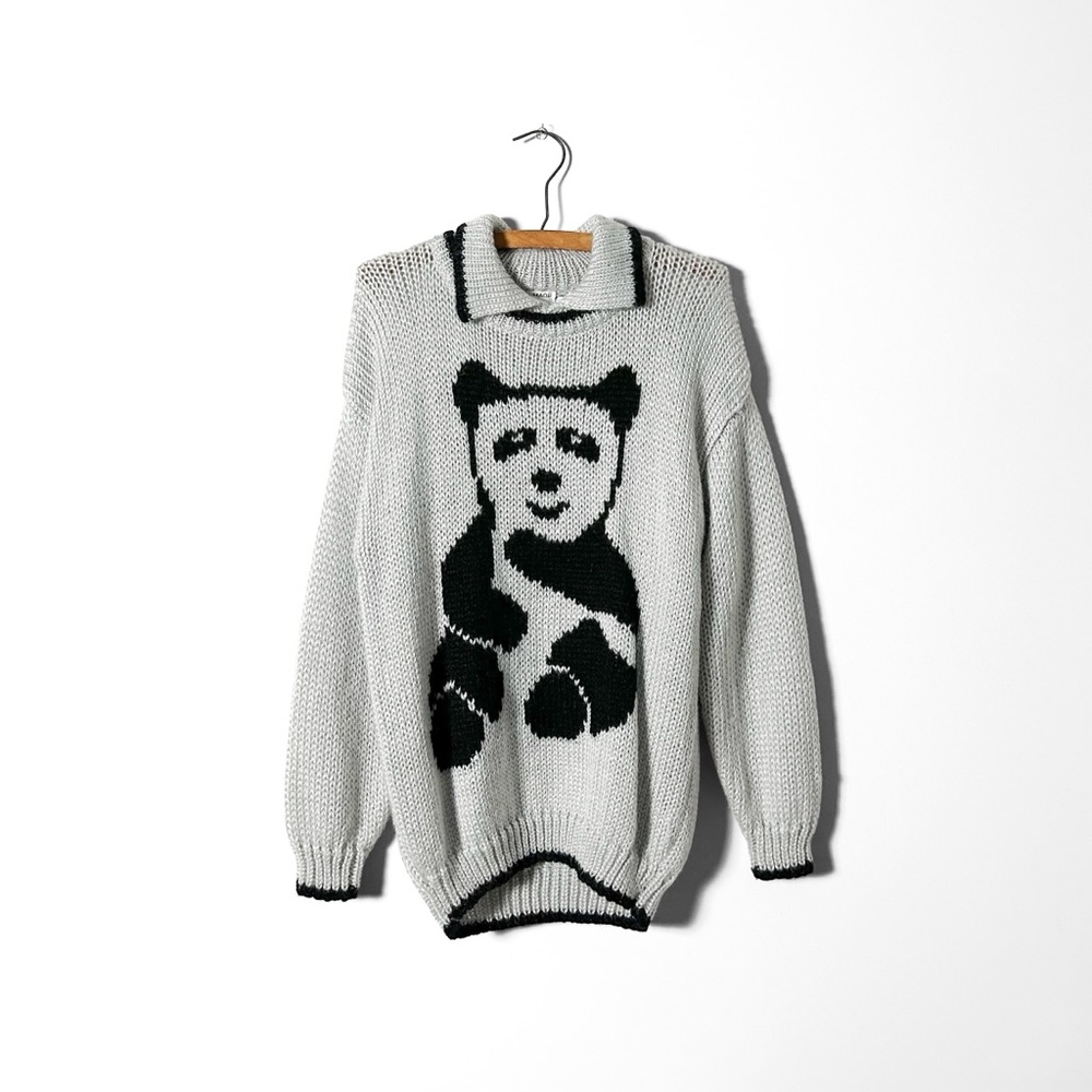 Vintage Hand Made Panda Collared Knit Sweater Womens L Grey Black